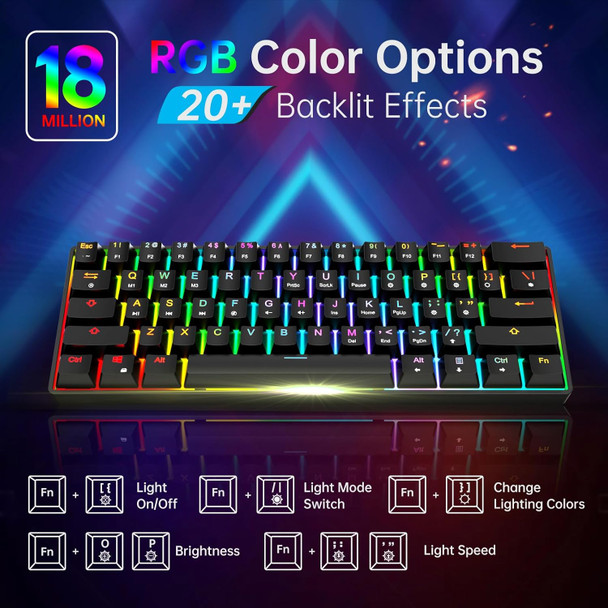 60% Mechanical Gaming Keyboard - 61 Keys Gateron Blue Switch Quiet Office Computer Keyboard - Multi Color RGB Rainbow Led Backlit - Programmable for PC/Windows/Mac/Gamer - USB Wired - Black