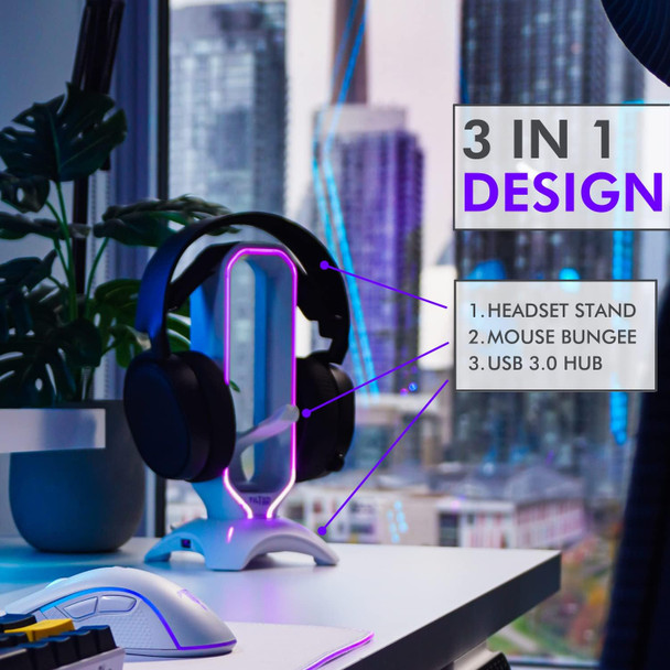 Tilted Nation RGB Headset Stand - 3 in 1 Gaming Headphone Stand for Desk with Mouse Bungee and 2 Port USB 3.0 Hub Charger - The Ultimate Gaming Accessory and for Gamer - RGB Headset Holder