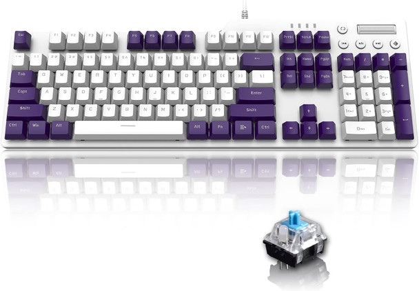 Mechanical Gaming Keyboard Hot Swappable with Multi Monochromatic Backlight 104Key Anti-ghosting Ergonomic Metal Plate Multimedia Key USB Wired for PC Mac Gamer Office Typist(Purple White/Blue Switch)
