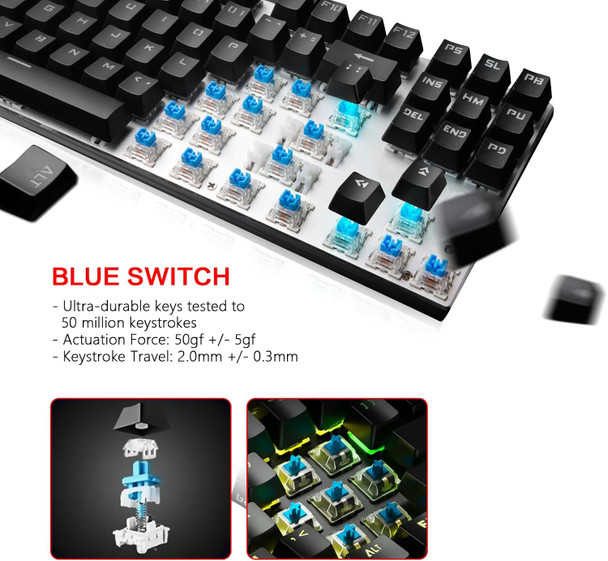 G300 LED Rainbow Backlit Mechanical Game Keyboard, Aluminum Alloy Cover, 87 Key Game Keyboard, Blue Switch, Suitable for PC Games (Black)