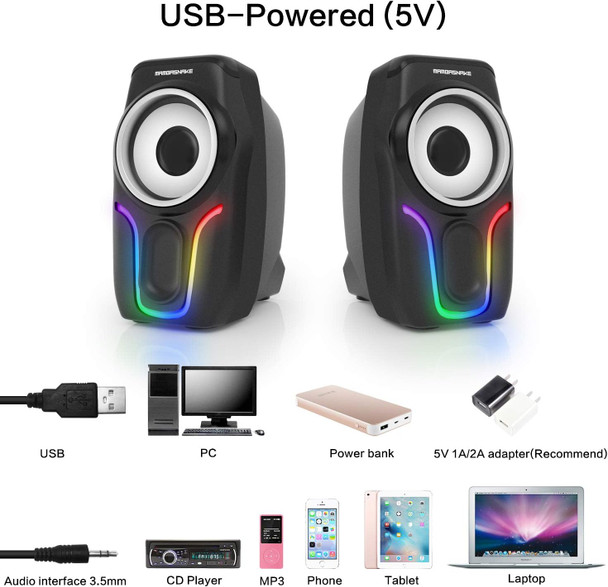 Computer Speakers,2.0 Stereo Volume Control Gaming Speakers with Surround Sound,6 RGB LED Backlit Effect,USB Powered Wired Laptop Speakers with 3.5mm for Desktop Computer/PC/Laptops(Black) Computer Speakers,2.0 Stereo Volume Control Gaming Speakers with Surround Sound,6 RGB LED Backlit Effect,USB Powered Wired Laptop Speakers with 3.5mm for Desktop Computer/PC/Laptops(Black)