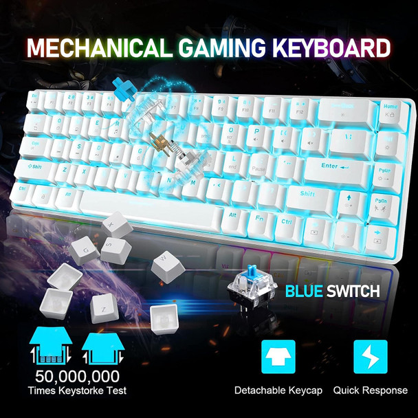 60% Mechanical Gaming Keyboard and Mouse Combo with Mini Ergonomic Anti-ghosting 68Key Multi Backlight 6400DPI Green Honeycomb Mice Type-C Wired for PC Mac Gamer Office Typist(White Blue/Blue Switch)