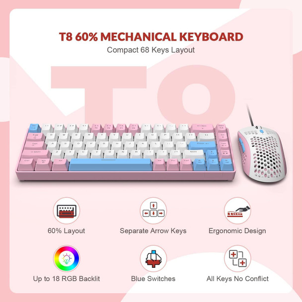 ZIYOU LANG RK-T8PR0 Wired 65% Mechanical Gaming Keyboard and Mouse Combo with RGB LED Backlit Anti-ghosting TKL Mini 68 Key Coiled C to A Cable Tactile Blue Switch for PS4 PS5 Xbox PC Mac Gamer(Pink)