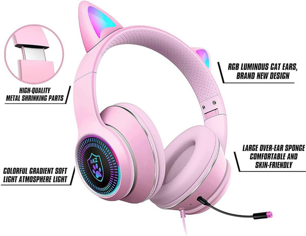 Cat Ear Gaming Headphones Wired AUX 3.5mm LED Light, Noise Canceling Game Headphones Stereo Foldable Over-Ear Headsets with Microphone Fit Girls, Kids for PC, PS4, Switch, Xbox, Mobile, Laptop