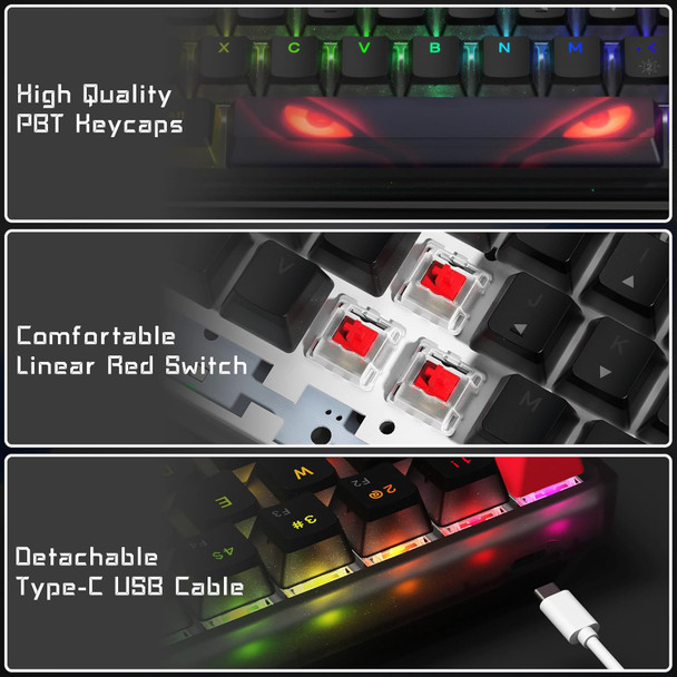 60% Percent Keyboard, WK61 Mechanical RGB Wired Gaming Keyboard, Hot-Swappable Keyboard with Black Big Eye PBT Keycaps for Windows PC Gamers - Linear Red Switch