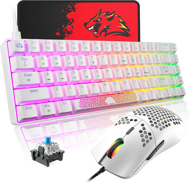 60% Mechanical Gaming Keyboard and Mouse Combo RGB Backlight Ergonomic Anti-ghosting 68 Keys 6400DPI Silent Honeycomb Mice Type-C Wired for Computer Mac Gamer