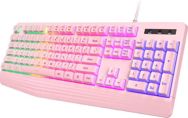 Pink Gaming Keyboard, Rainbow LED Backlit, 104 Keys Silent Light Up Creamy Keyboard with Wrist Rest, PBT Keycap, Anti-ghosting, Waterproof USB Wired Computer Keyboard for PC Mac Xbox