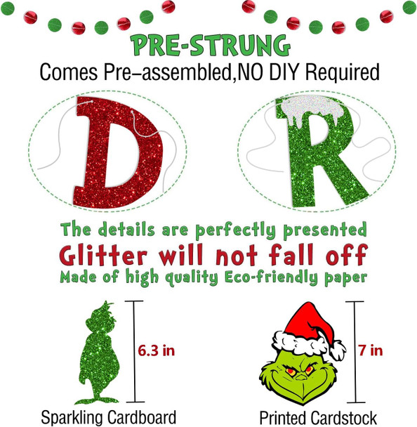Drink Up Grinches Banner, Glittery Christmas Decorations Banners Winter Holiday Garland Photo Props Banner for Party Home Decorations