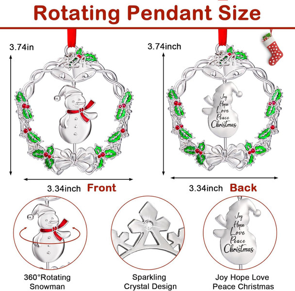 Christmas Wreath Snowman Ornament Metal Silver Hanging Rotatable Design Charm Holiday Decorative Pendant Keepsake