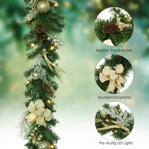 Adeeing 6 FT Christmas Garland with Lights, Pre-lit Outdoor Garland with Battery Operated 20 LED Lights, Holiday Garland with Stars, Flower, Berry Branches(Gold)