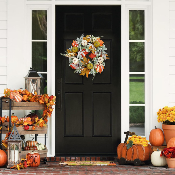 Adeeing 20 Inch Fall Wreath for Front Door, Autumn Pumpkin Wreath with White Green Pumpkins Maple Leaves Lamb Ear Leaves, Farmhouse Door Wreath for Thanksgiving Indoor Outdoor Decorations