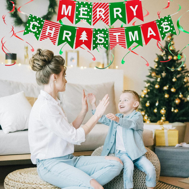 27Pcs Christmas Decorations Kit, Merry Christmas Banner, Paper Fan Flower, Hanging Garland Triangle Bunting, Xmas Tree Elk Snowman Swirl Streamers for Christmas Decor Party Supplies