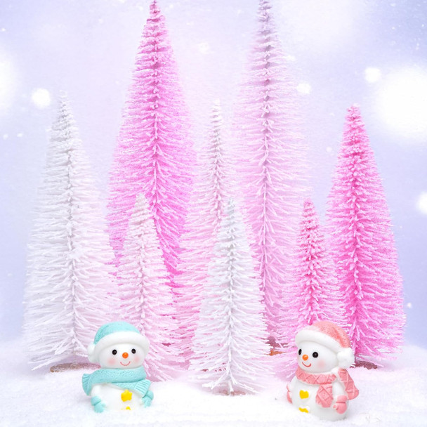 AerWo 10Pcs Mini Pink Christmas Trees Bottle Brush Christmas Trees 3.94''-7.87'' with Snowman Couple, Small Christmas Village Trees Pine Trees for Tabletop Christmas Decor Winter Holiday Decorations