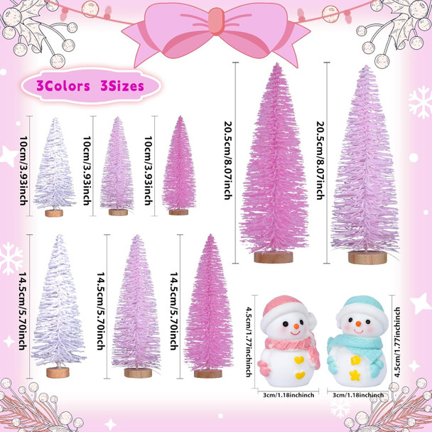 AerWo 10Pcs Mini Pink Christmas Trees Bottle Brush Christmas Trees 3.94''-7.87'' with Snowman Couple, Small Christmas Village Trees Pine Trees for Tabletop Christmas Decor Winter Holiday Decorations