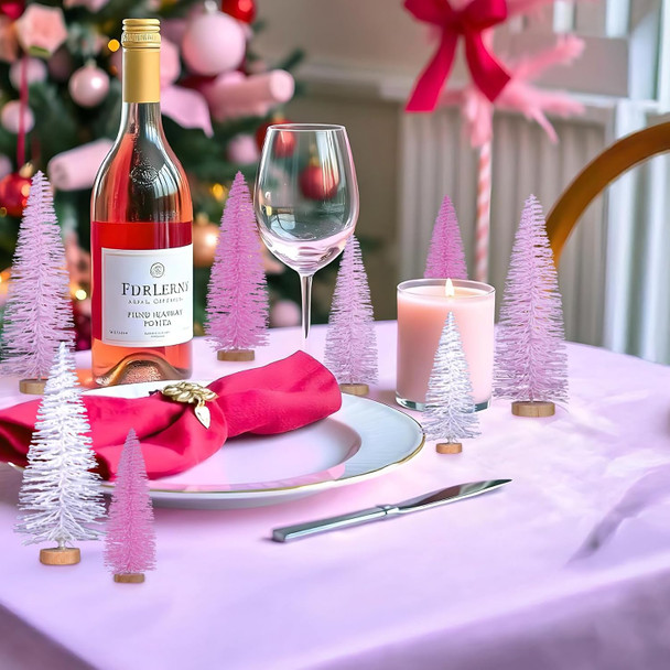 AerWo 10Pcs Mini Pink Christmas Trees Bottle Brush Christmas Trees 3.94''-7.87'' with Snowman Couple, Small Christmas Village Trees Pine Trees for Tabletop Christmas Decor Winter Holiday Decorations