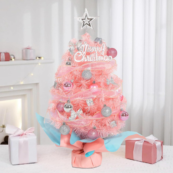 Small Mini Pink Christmas Tree with Light,24Inch/2Ft Tabletop Miniature Pine Christmas Tree with Hanging Ornaments, Battery Operated Artificial Girl Xmas Tree, Best DIY Christmas Holiday Decoration