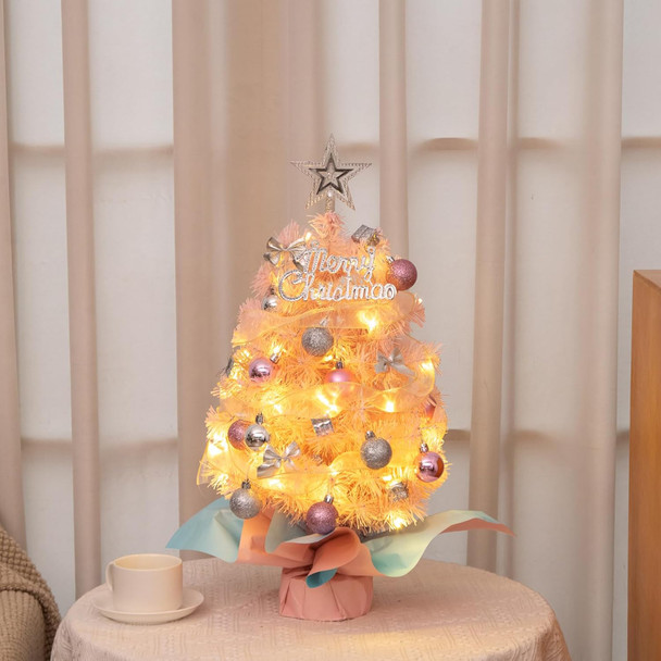 Small Mini Pink Christmas Tree with Light,24Inch/2Ft Tabletop Miniature Pine Christmas Tree with Hanging Ornaments, Battery Operated Artificial Girl Xmas Tree, Best DIY Christmas Holiday Decoration