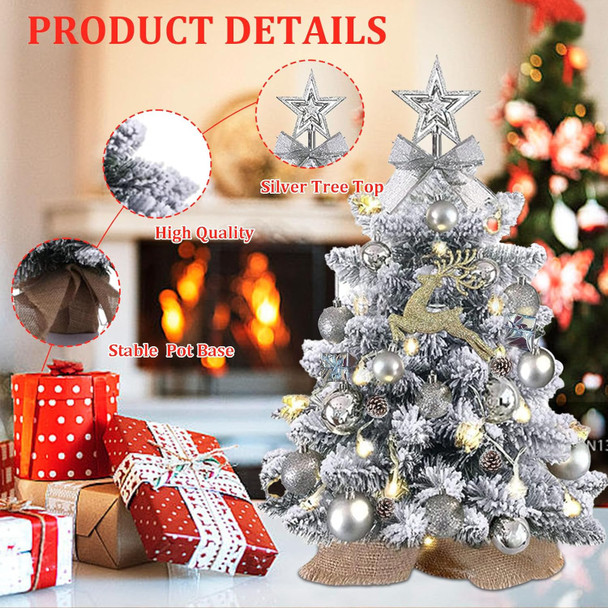 Mini Christmas Tree with Lights, 2ft Mini Christmas Tree with Decorations 24In Artificial Small Christmas Tree Pre-lit Snow Flocked Christmas Tree - for Table Desk Home Christmas Decoration