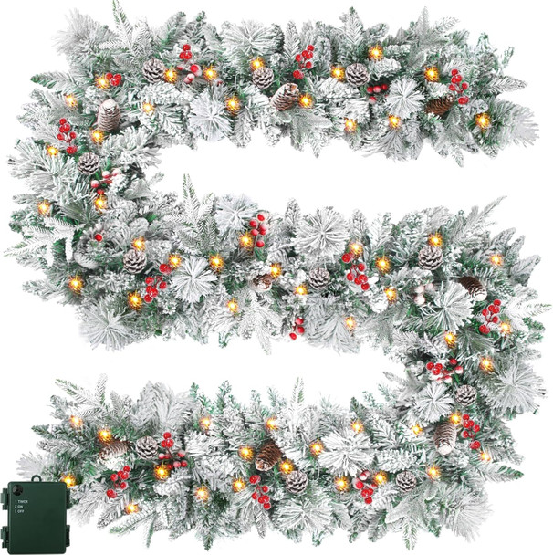 9FT Prelit Christmas Garland with 100 Lights for Mantle - Flocked Christmas Garland with Norfolk Pine Branches Cedar Pine Cone Berry Garland with Battery Operated Lights Outdoor Christmas Decorations