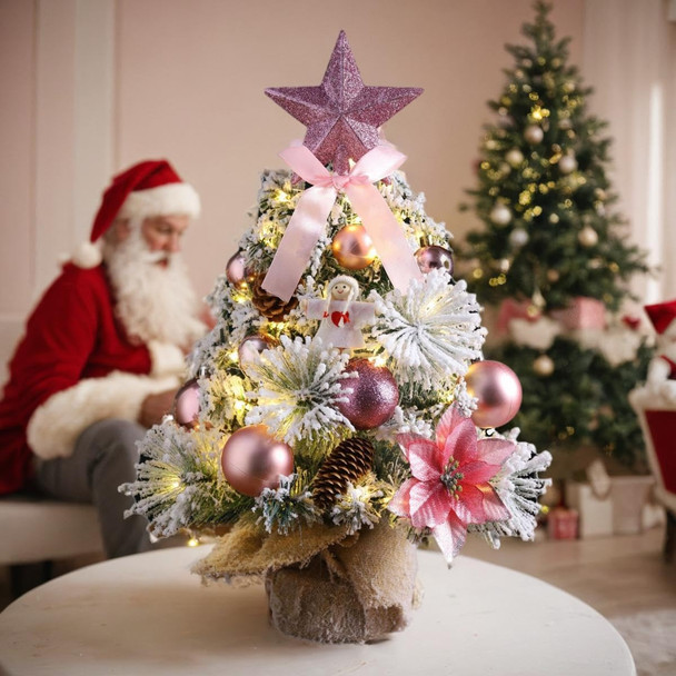 Mini Small Little Tabletop Prelit Christmas Tree 17.7 Inch Decorated Artificial Snow Xmas Tree with Ornaments Bow Pentagram Pinecones and LED String Lights,Pink