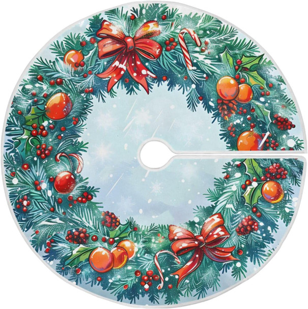 Holly Wreath Christmas Tree Skirt 36 inches, Snow Christmas Wreath Christmas Tree Mat for Decorations Holiday Party