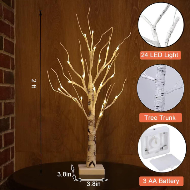 Albelt 4-Pack Lighted Birch Tree for Tabletop, 2FT Christmas Birch Tree Lights, 24 LEDs Warm White Pre-lit Birch Tree for Xmas Indoor Bedroom Home Wedding Holiday Decoration