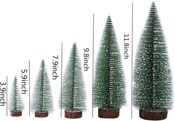 5 PCS Christmas Trees Desktop Miniature Pine Tree Artificial Mini Christmas Sisal Snow Frost Trees with Wooden Bases Plastic Winter Snow Ornaments Tabletop Trees for Christmas Party Home Decor