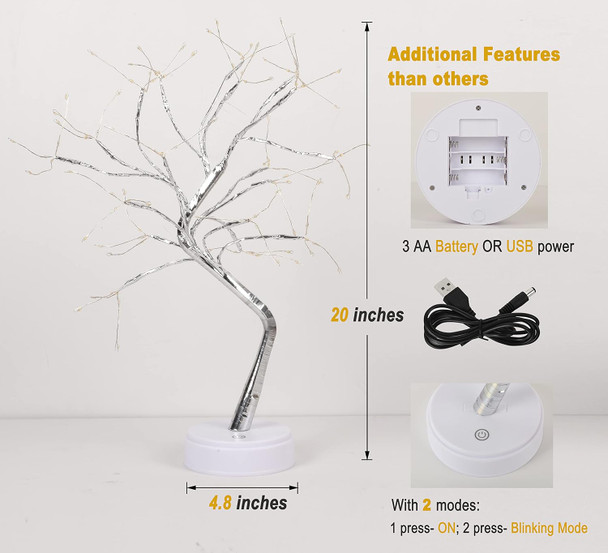 Twinkling Tree Fairy Light Spirit Tree Lamp Bonsai Tree Light, Fairy Light Tree, Cute Room Decor Aesthetic Decor, Night Light Lamp, Twinkle Tree, (Silver Branches 108 LED)