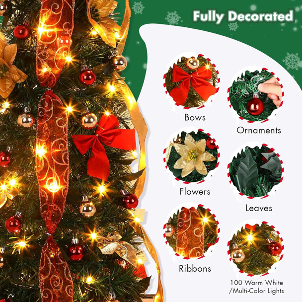 6ft Pop Up Prelit Pencil Artificial Christmas Tree with Remote Control, Pre-Decorated Red&Gold Decorations, Pre-Lit White & Multi-Color Lights, Perfect Choice for Xmas Decoration, 6 FT