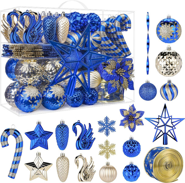 128pcs Christmas Balls Ornaments Set, Shatterproof Plastic Baubles Christmas Flower, Ribbon and Tree Topper for Xmas Tree Holiday Wedding Party Decorations with Hanging Strings, Blue and Gold 128pcs Christmas Balls Ornaments Set, Shatterproof Plastic Baubles Christmas Flower, Ribbon and Tree Topper for Xmas Tree Holiday Wedding Party Decorations with Hanging Strings, Blue and Gold