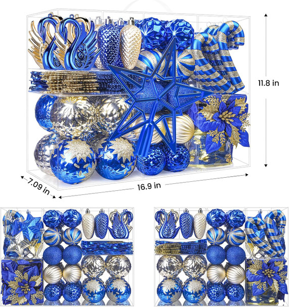 128pcs Christmas Balls Ornaments Set, Shatterproof Plastic Baubles Christmas Flower, Ribbon and Tree Topper for Xmas Tree Holiday Wedding Party Decorations with Hanging Strings, Blue and Gold 128pcs Christmas Balls Ornaments Set, Shatterproof Plastic Baubles Christmas Flower, Ribbon and Tree Topper for Xmas Tree Holiday Wedding Party Decorations with Hanging Strings, Blue and Gold