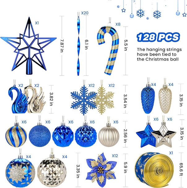 128pcs Christmas Balls Ornaments Set, Shatterproof Plastic Baubles Christmas Flower, Ribbon and Tree Topper for Xmas Tree Holiday Wedding Party Decorations with Hanging Strings, Blue and Gold 128pcs Christmas Balls Ornaments Set, Shatterproof Plastic Baubles Christmas Flower, Ribbon and Tree Topper for Xmas Tree Holiday Wedding Party Decorations with Hanging Strings, Blue and Gold