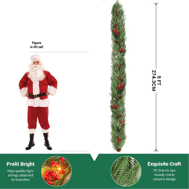 9FT Christmas Garland Prelit Faux Decorations, Realistic Green Norfolk Pine Garland with Lights Battery Operated for Mantle Stairs Railing Fireplace Table Indoor Xmas Decor, 9FT 9FT Christmas Garland Prelit Faux Decorations, Realistic Green Norfolk Pine Garland with Lights Battery Operated for Mantle Stairs Railing Fireplace Table Indoor Xmas Decor, 9FT