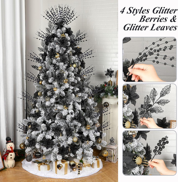 24CT 3 Styles Glitter Artificial Ilex Berry Branch&Holly Leaf Christmas Decorations, Fake Berries Stems Ornaments for Tree/Garland/Wreath, Faux Xmas Decor Indoor&Outdoor, Black