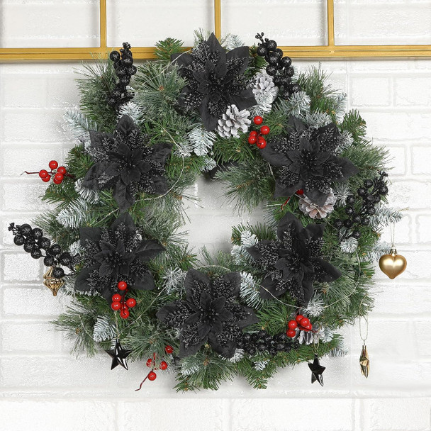 24CT 3 Styles Glitter Artificial Ilex Berry Branch&Holly Leaf Christmas Decorations, Fake Berries Stems Ornaments for Tree/Garland/Wreath, Faux Xmas Decor Indoor&Outdoor, Black