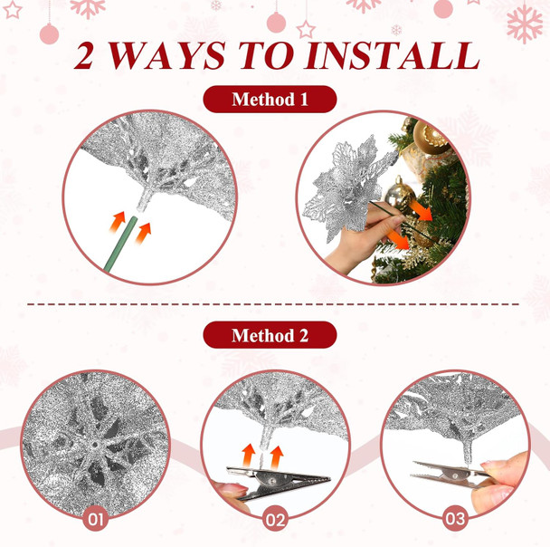 24 Pcs Artificial Glitter Christmas Tree Picks, Boxed 12 Poinsettia Flowers+ 6 Berry Stems+ 6 Flowers Berry Leaves Decorations Set, Indoor Outdoor Holiday Ornaments Decor, Red