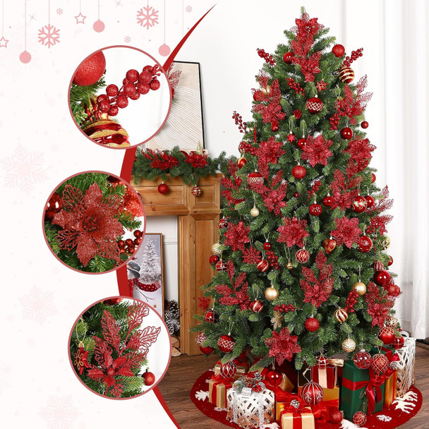 24 Pcs Artificial Glitter Christmas Tree Picks, Boxed 12 Poinsettia Flowers+ 6 Berry Stems+ 6 Flowers Berry Leaves Decorations Set, Indoor Outdoor Holiday Ornaments Decor, Red