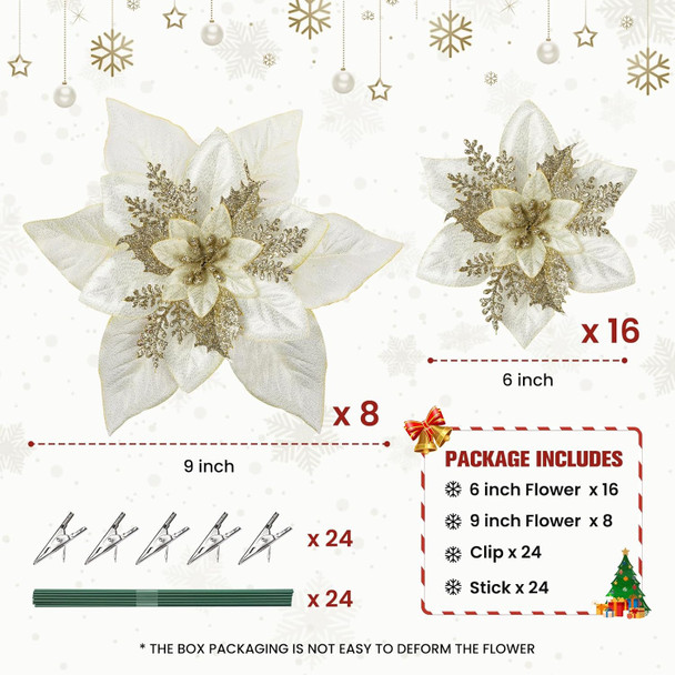 24 Pcs 6"&9" Large Size Poinsettia Artificial Christmas Flowers for Christmas Tree, Boxed Christmas Ornaments Flowers Glitter Picks for Xmas Year Decor with Clips&Sticks，Champagne Gold
