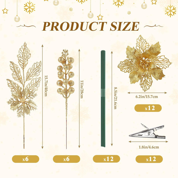 24 Pcs Artificial Glitter Christmas Tree Picks, Boxed 12 Poinsettia Flowers+ 6 Berry Stems+ 6 Flowers Berry Leaves Decorations Set, Indoor Outdoor Holiday Ornaments Decor, Gold