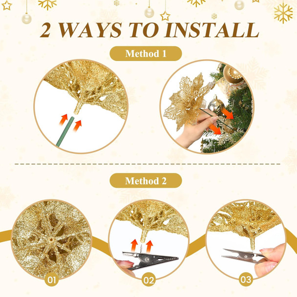 24 Pcs Artificial Glitter Christmas Tree Picks, Boxed 12 Poinsettia Flowers+ 6 Berry Stems+ 6 Flowers Berry Leaves Decorations Set, Indoor Outdoor Holiday Ornaments Decor, Gold