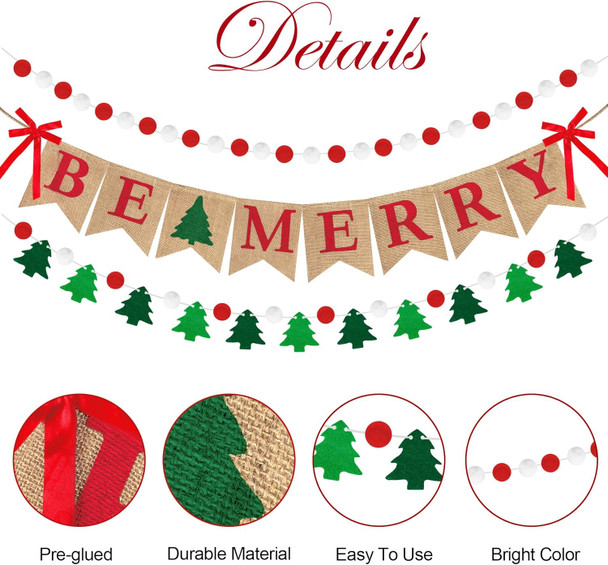 Amandir Merry Christmas Banner Burlap, Be Merry Banner Felt Ball Christmas Tree Pom Pom Garland Happy Holidays Banner for Mantle Fireplace Christmas Xmas Party Holiday Decorations Home Indoor Outdoor