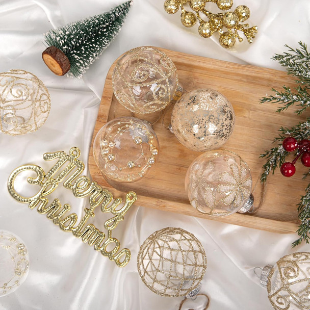 30PCS Christmas Ball Ornaments 60mm/2.36" Large Shatterproof Clear Plastic Farmhouse Rustic Champagne Christmas Ornaments Hanging Christmas Tree Decorations Set Xmas Party Home Decor in 5 Styles