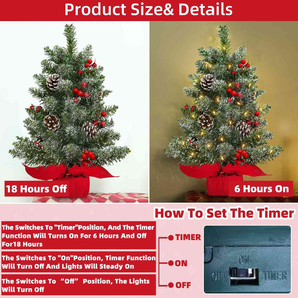22 Inch Tabletop Christmas Tree with Lights Timer, Snowy Artificial Small Christmas Trees Battery Operated 30 Warm Lights Red Berries Pine Cone Stable Base Mini Tree Xmas Decorations Indoor Holiday