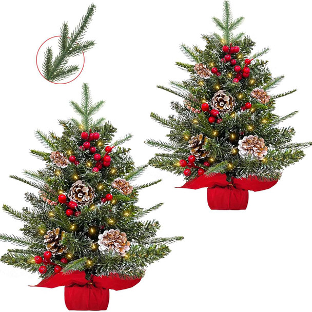 2 Pack 24 Inch Small Christmas Tree with Lights Frosted Thick PE PVC Realistic-Feel Cedar Norfolk Pine Artificial Mini Tabletop Christmas Trees Berries Pinecone Timer Christmas Decoration Indoor Home