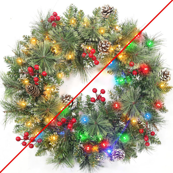 Dual Color Change&Timer-Prelit Christmas Wreaths for Front Door,50 Warm White&Color Light 8 Mode,Pinecone,Red Berry,Lifelike Spurce Mixed Pine Branches Xmas Cedar Wreath for Indoor Outdoor Use,20 Inch