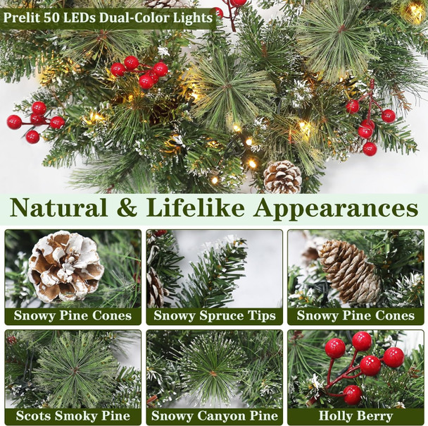 Dual Color Change&Timer-Prelit Christmas Wreaths for Front Door,50 Warm White&Color Light 8 Mode,Pinecone,Red Berry,Lifelike Spurce Mixed Pine Branches Xmas Cedar Wreath for Indoor Outdoor Use,20 Inch
