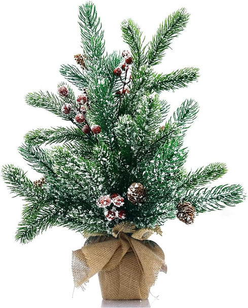 Artificial Mini Christmas Tree, 20" Tabletop Mini Snow Flocked Xmas Pine Tree with Cloth Bag Base & Ornaments for Christmas Holiday Indoor Home Kitchen Dining Table Decoration