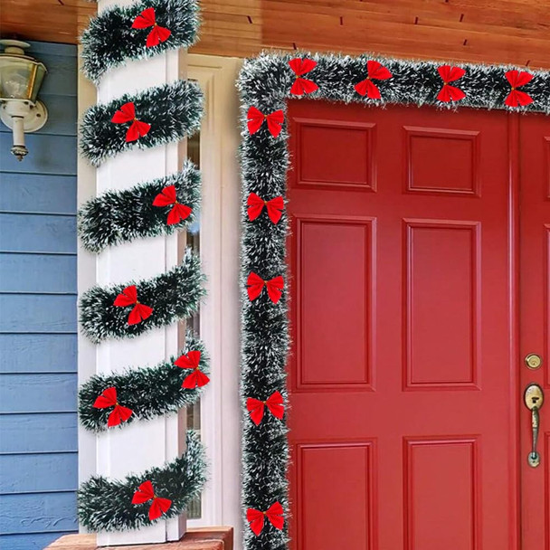 50Ft Christmas Garland, Christmas Tinsel Garland with 37 Red Bows for Indoor Outdoor and Home Decor, Christmas Metallic Twist Garland Xmas Tree Decorations for Holiday Wedding Party Supplies (Green)