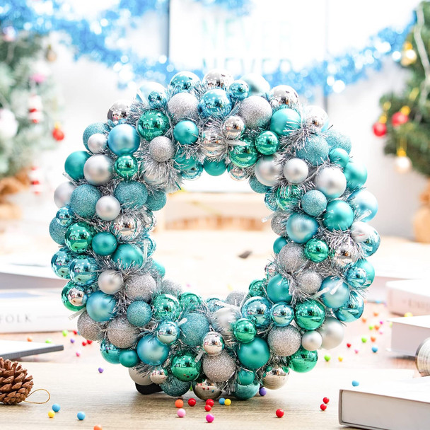 Amooca 16in Christmas Ball Wreath with LED Lights Front Door Window Decorative Hanging Ornaments Table Centerpiece Holiday Party Home Decoration Blue Silver