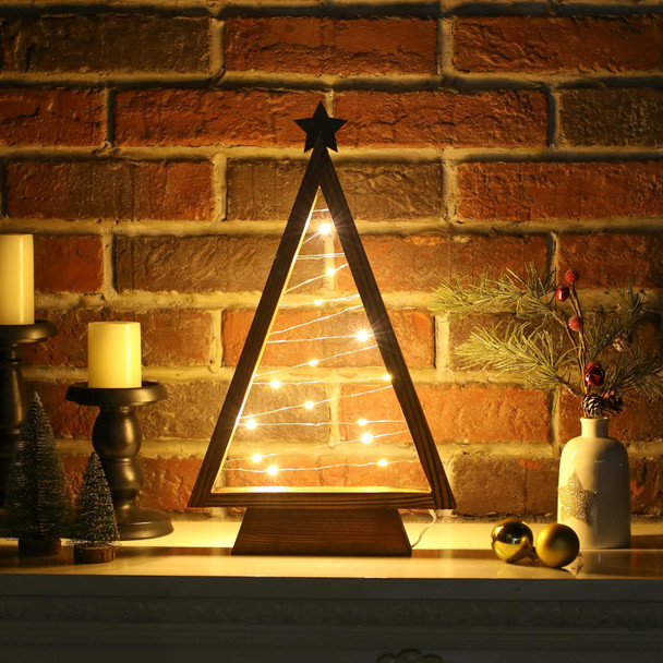 Wooden Christmas Trees Tabletop Decoration - 13.3" Lighted Wooden Christmas Tree, Triangle-Shaped - Perfect Mantle Decor, Farmhouse Style Tabletop Decor, Tabletop Lighted Xmas Tree with Lights